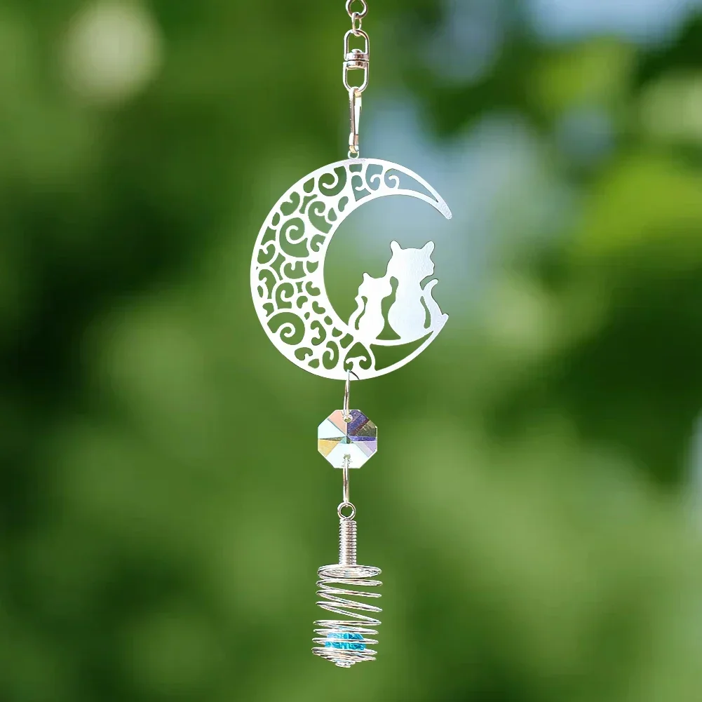 Stainless Steel Metal Wind Chime Hanging Suncatcher Cat Moon Crystal Beads Prism Faceted Pearl Cage Pendant Home Garden Decor