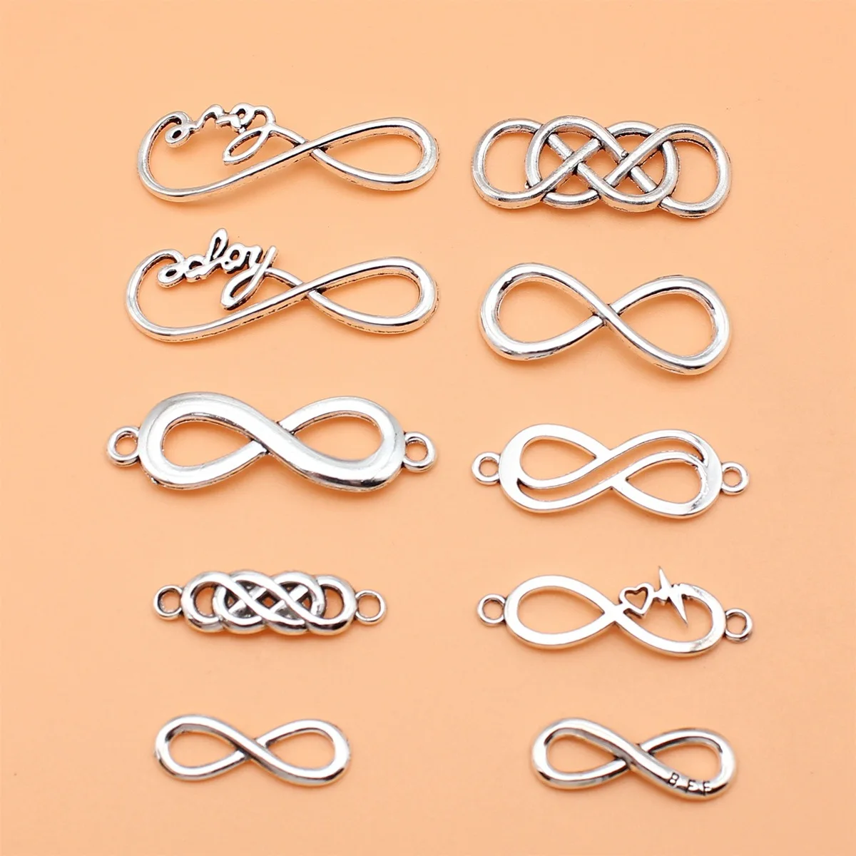 10pcs Antique Silver Color Infinity Symbol Charms Collection For DIY Jewelry Making, 10 Styles, 1 of Each