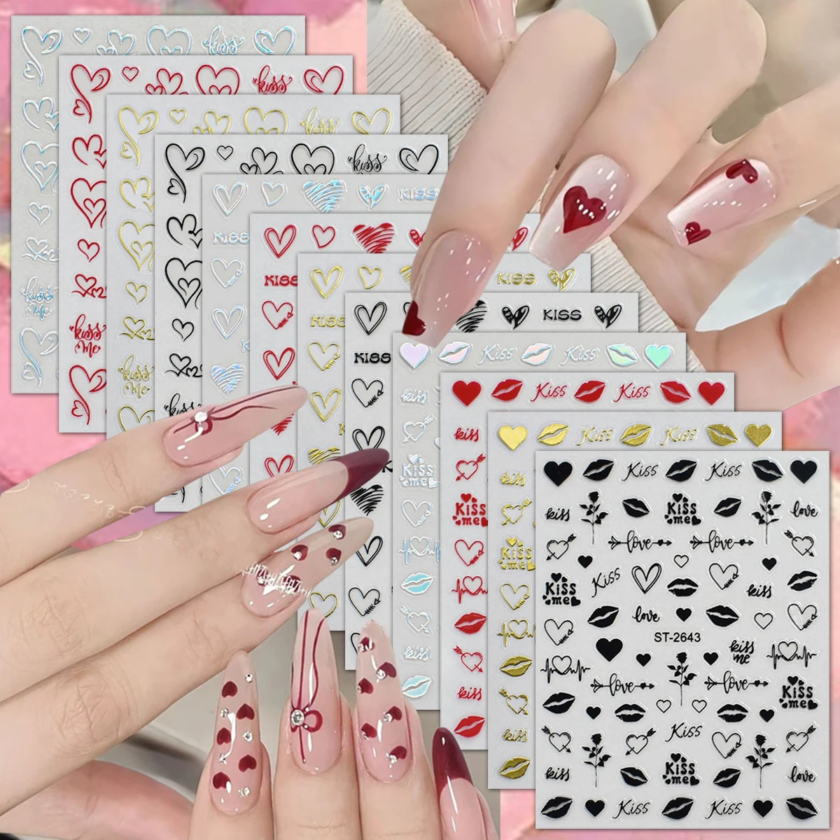 3/6/12장 하트 & 키스 네일 아트 스티커 세트, 레드 골드 실버 블랙 러브 립 디자인 발렌타인 네일 데칼 DIY 네일용
