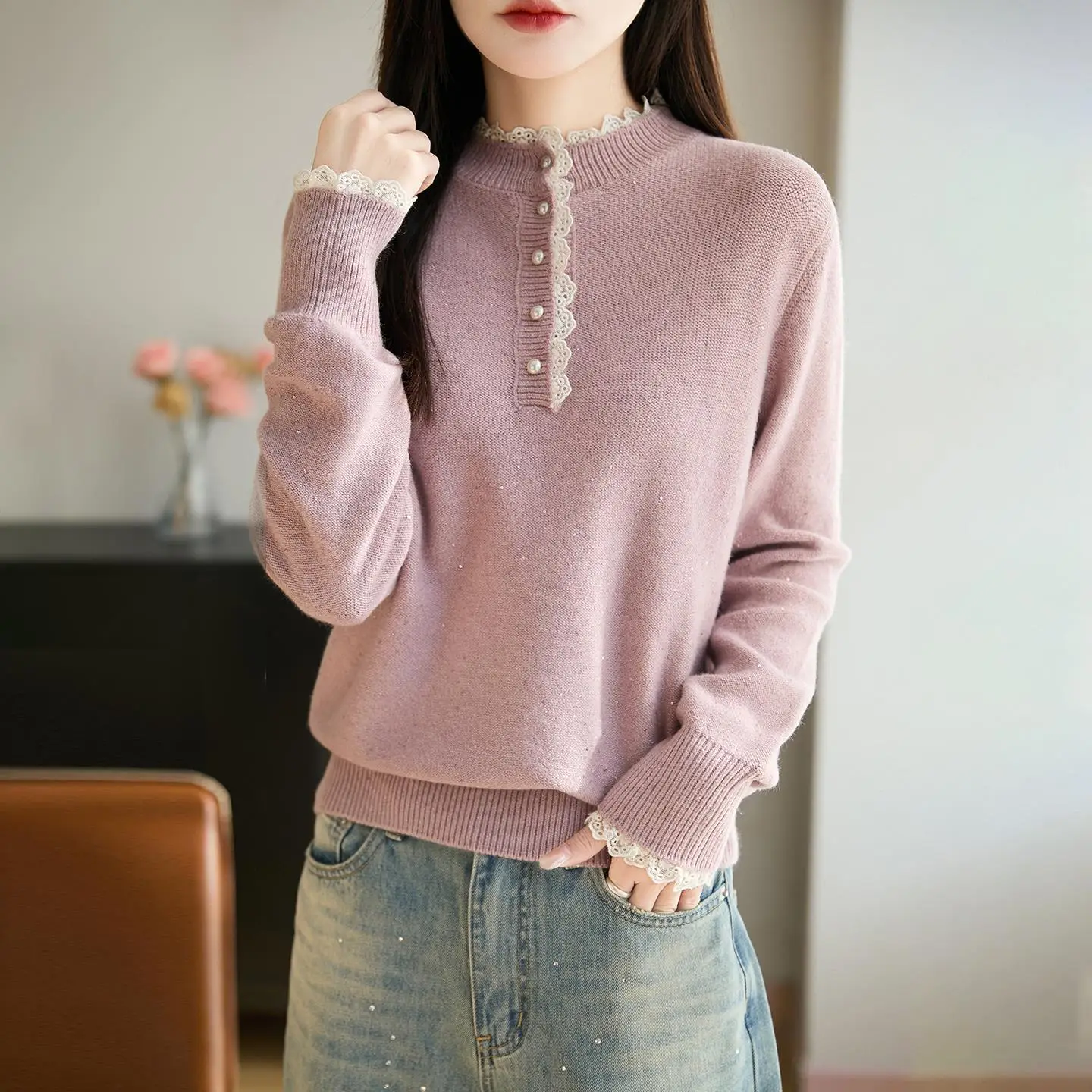 Women's Knitted Long Sve Loose Fit Sweater with Lace Trim Stand Collar f High Ne Casual Sle Autumn Winter Top