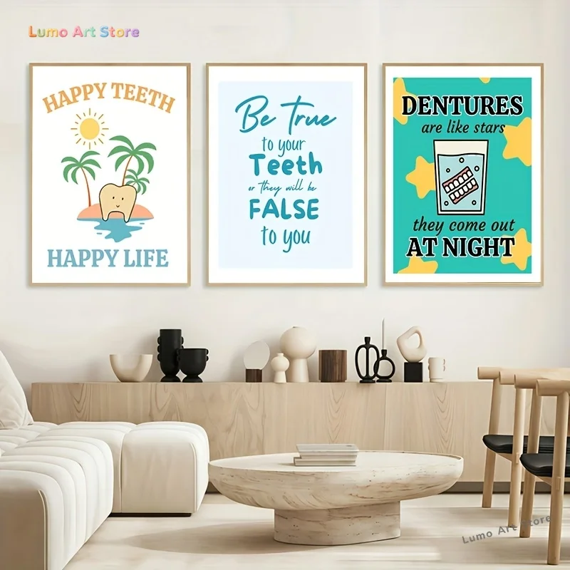 2D Flat, 2D Flat, 3pcs Decorative Painting Set, Frameless Canvas Painting, Halloween And Christmas Gifts, Dental Denture Post