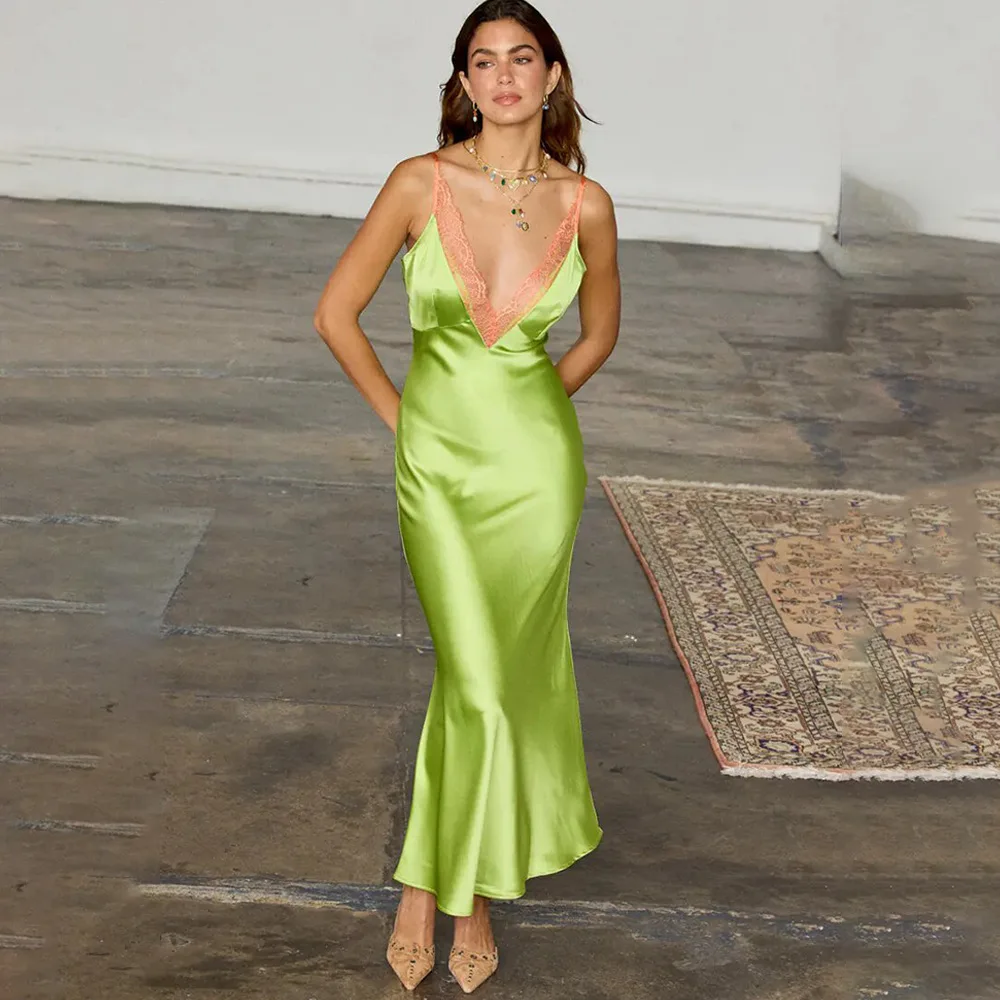 Mode Hot-Selling Satijn Elegante Lange Sexy Diepe V-hals Backless Hot Girl Strap Jurk