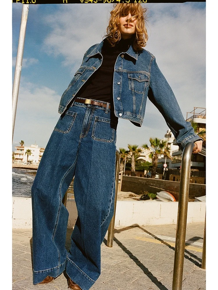 Pantaloni lunghi in denim allentato a gamba larga drappeggiati a vita alta Jeans casual da donna H&M 26750 Miscela di cotone poliestere