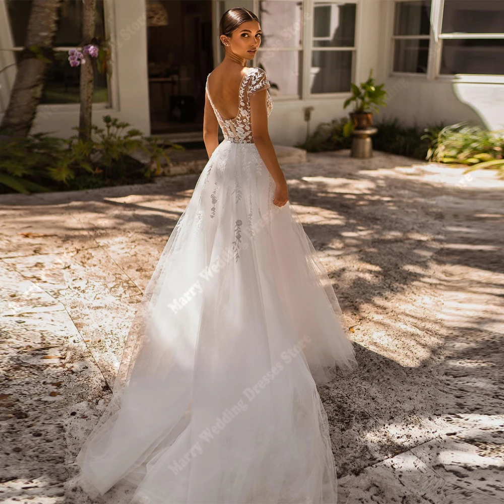 Querida colar a linha vestidos de casamento feminino mangas curtas rendas apliques vestidos de noiva banquete vestidos de novias personalizado