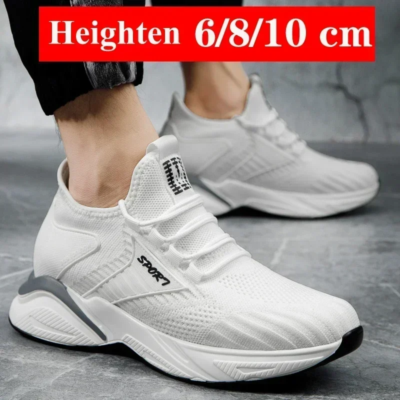 Men’s Elevator Sneakers  Breathable Mesh Hidden Wedge Heel (6cm/8cm) Lace-Up Casual Shoes, Height Increasing