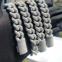 2025 High Quality Iced Out Bling 15mm Width Round Full Paved Cuban Link Chain Bracelet Necklace Hip Hop Men Jewelry