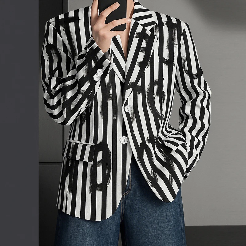 INCERUN Männer Blazer Druck Gestreiften Revers Langarm Casual Männlichen Anzug Streetwear Lose Elegante Mode Männer Dünne Mäntel Blazer