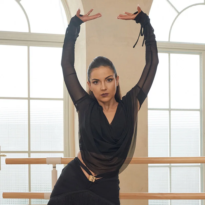 패션 라틴 댄스 여성 성인 메쉬 불규칙한 작업복 긴팔 국가 표준 현대 무용 연습 옷 새로운상의