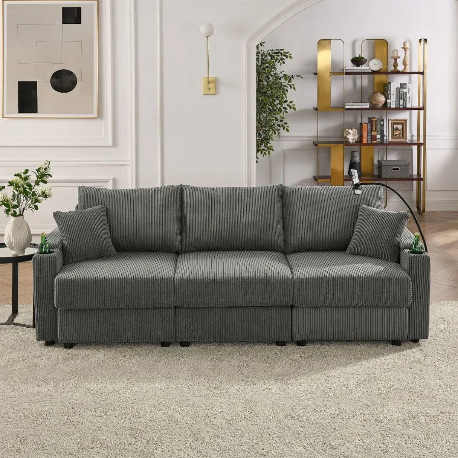 

Современный 3-местный диван с местом для хранения Глубокий диван с подстаканниками Держатель для телефона Порты для зарядки Бежевый вельветовый диван для гостиной