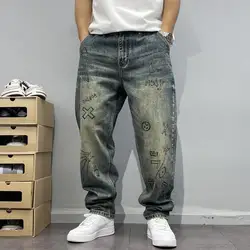 Spring and Autumn Retro Old Washed Grinded Printed Jeans Men's Loose Fit Micro-Conical Small Straight Trousers High Street Trend