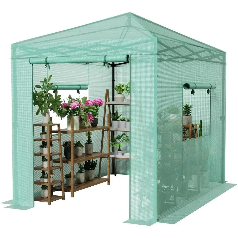 6'x8' Portable Greenhouse with Center Lock, PE Film, Zip Door & 2 Roll-up Windows, Easy Assembly (Green)