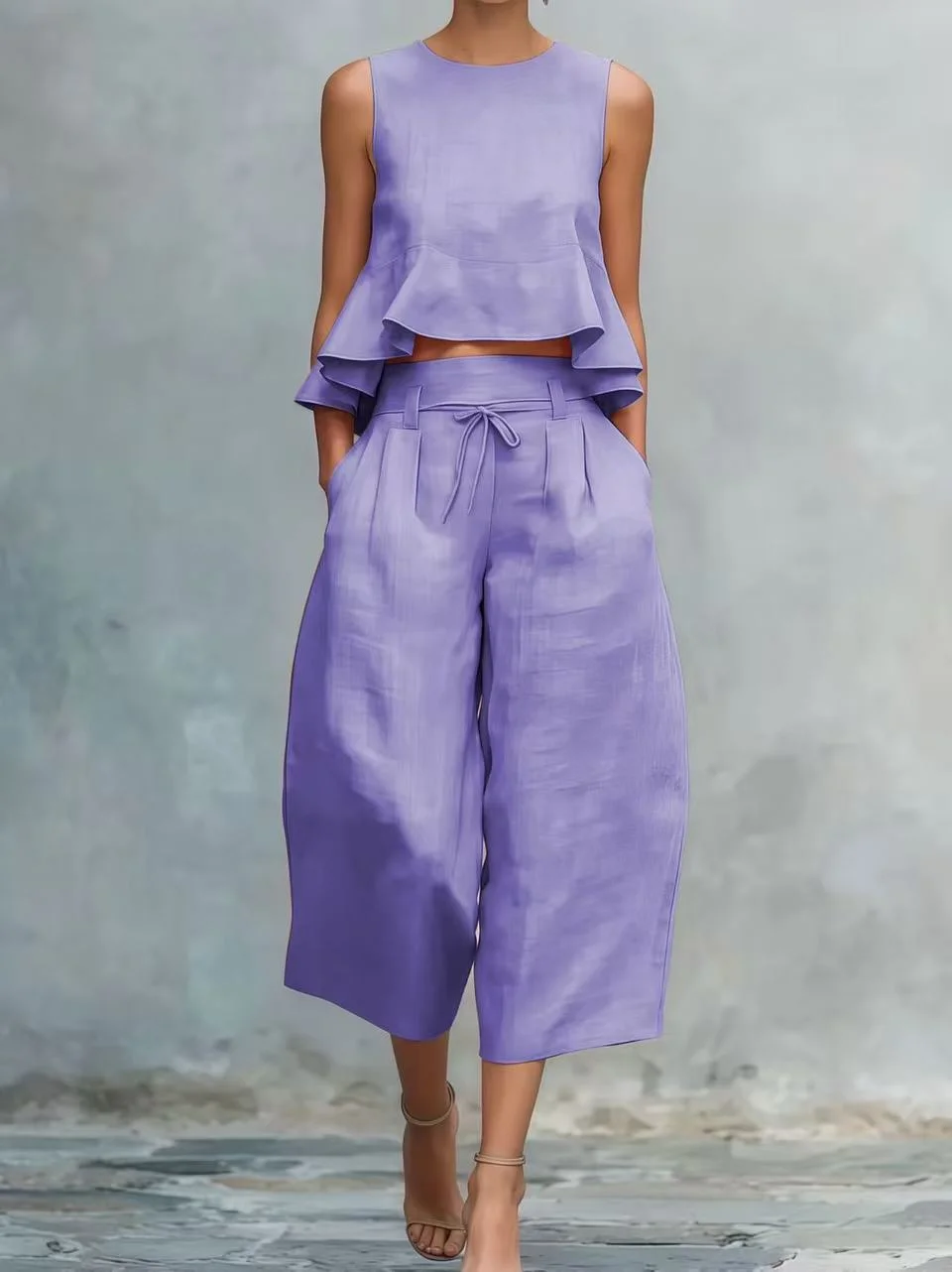 Damen Casual Urlaubs-Zweiteiler: Ärmelloses Rüschen-Crop-Top und Weite Hose mit Kordelzug, Koordiniertes Set – Detail 5