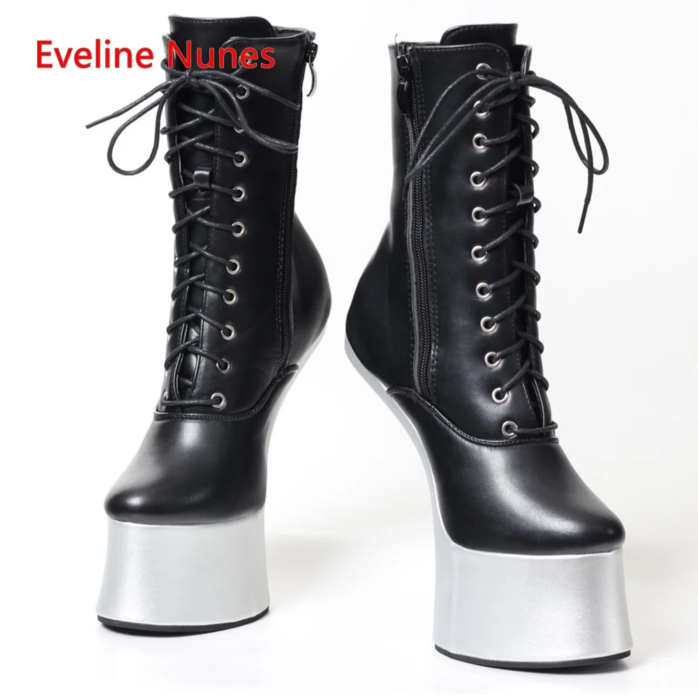 Black Nightclub Mid Calf Boots Women\'s Cross Straps Platform Round Toe Hoof Heel Cosplay Sexy Pole Dance Shoes For footwear