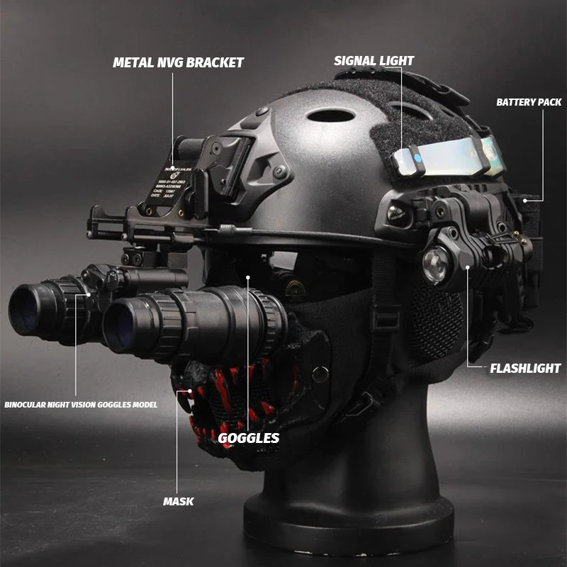 YCTAC FAST Tactical Helmet Set with Wire Face Mask NVG Bracket Flashlight for CS Game Paintball Wargame Ghost Face Protective Ge