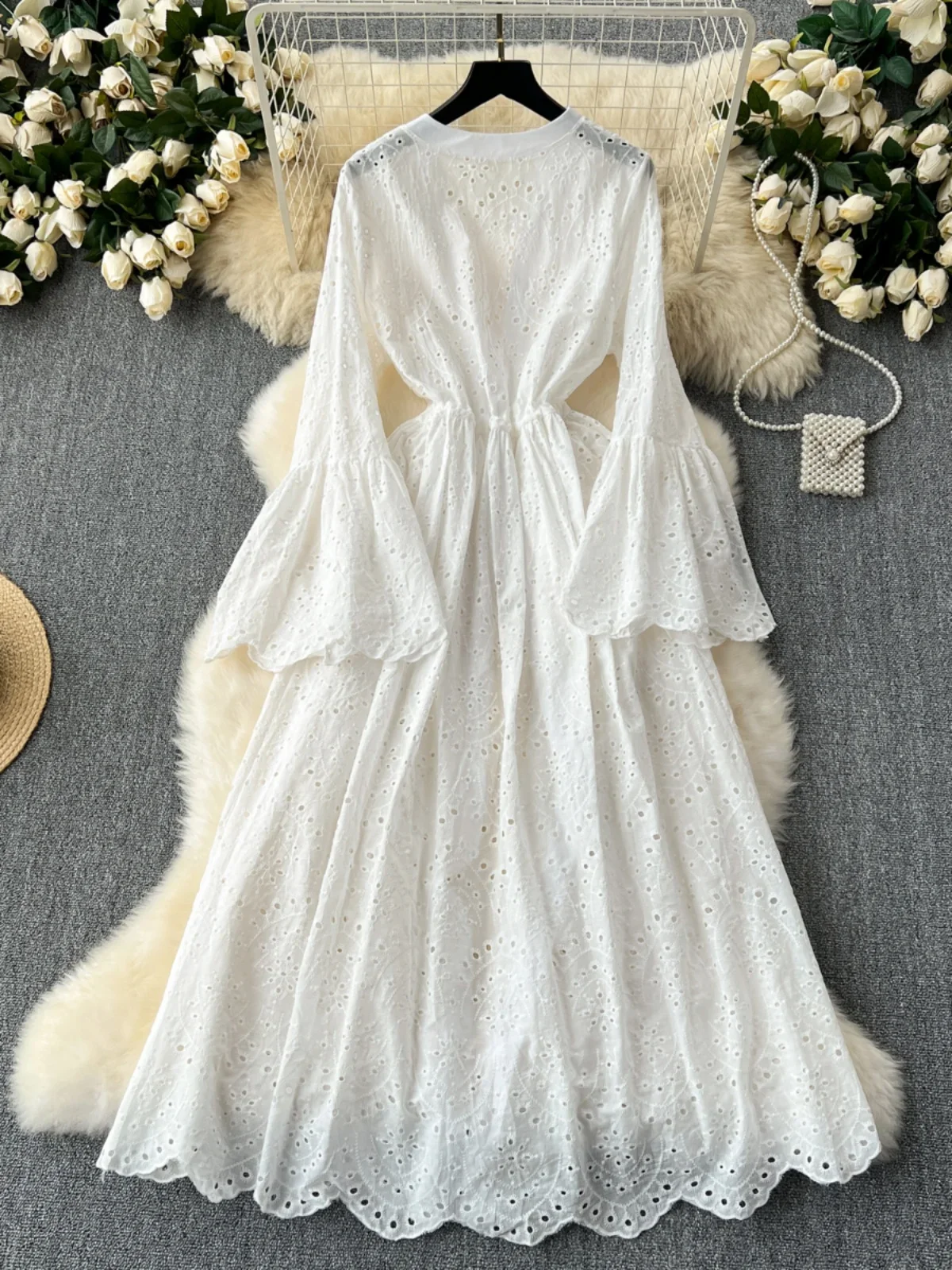 French Beach Dress Women Sexy Hollowed Out Embroidered White Long Dresses Ladies Flared Sleeves Cardigan Dress Long Robe