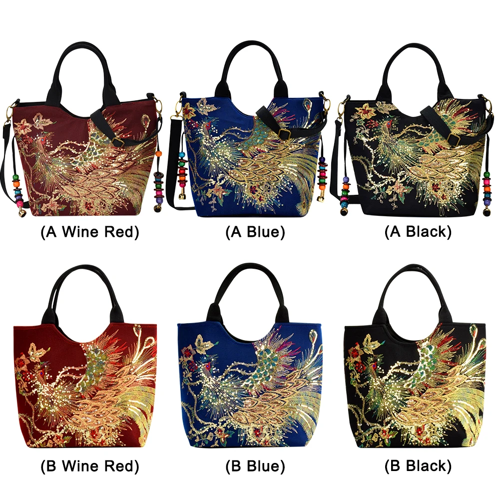 حقائب يد نسائية على الطراز العرقي حقيبة مطرزة فريدة من نوعها على شكل طاووس وقلادة من الخرز بمقبض علوي حقيبة ساعي ذات سعة كبيرة