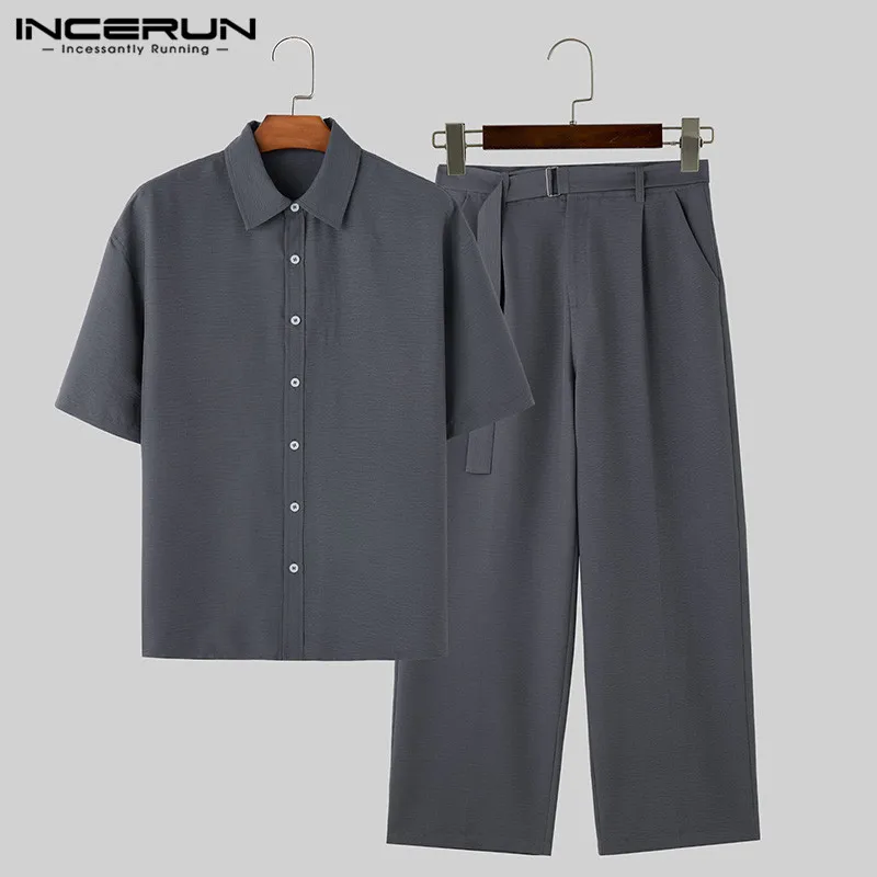 Handsome New Men Sets INCERUN 2024 Solid Short Sleeved Shirts Long Pants Casual Streetwear Male Hot Selling Two-piece Sets S-5XL