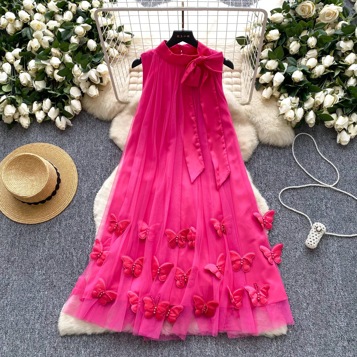 

Bow Tie Neckline Halter Sleeveless Dress Women 2025 Summer French Three-dimensional Butterfly Mesh A-Line Dress Female Vestidos