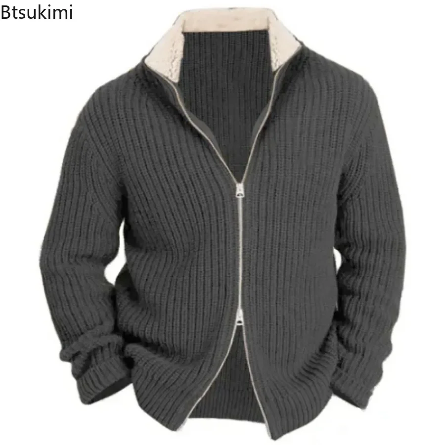 New 2024 Men's Thicken Warm Knitted Sweater Coats Double Head Zipper Loose Casual Lapel Knit Cardigan Autumn Winter Men Sweaters