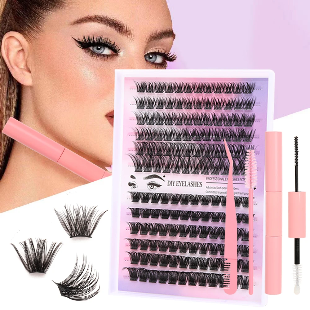 DIY Eyelash Extension Kit, 144 Pc Eyelash Clusters, Super Fixed Mascara Brush Bonding and Sealing Eyelash Glue and Eyelash Applicator and Tweezers