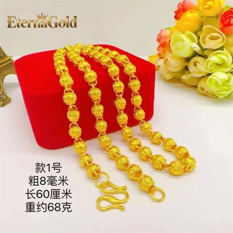 

EternaGold 9999 24K real gold round bead hexagonal square necklace frosted collarbone chain gold full match men's and women's go