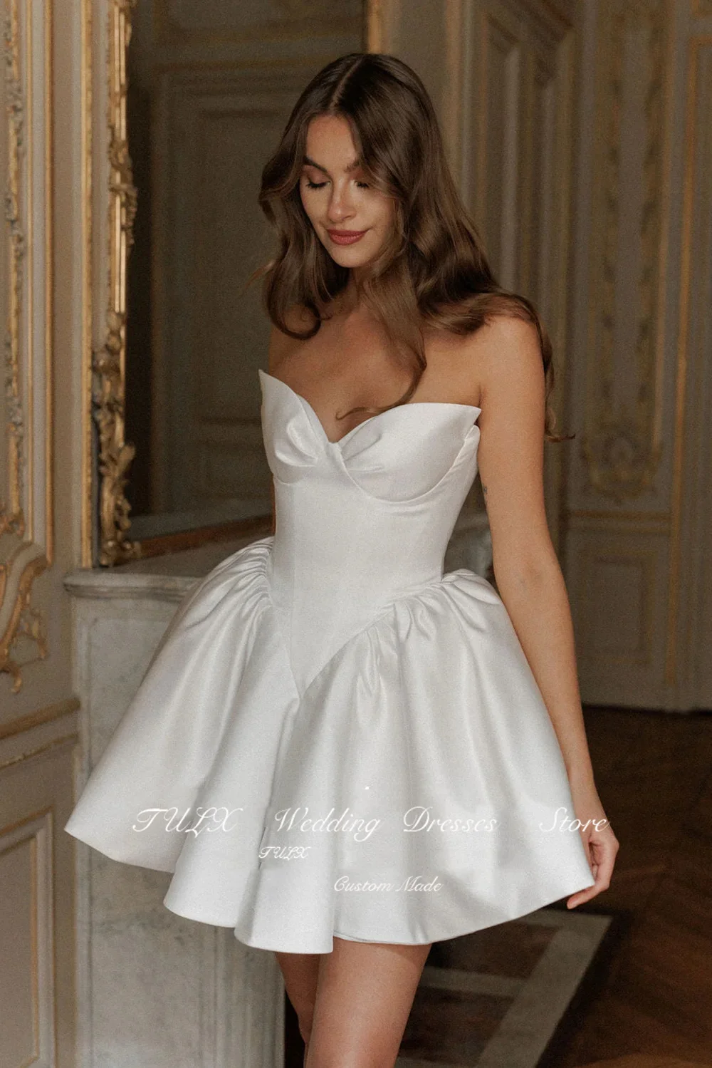 TULX-Mini Robe de Mariée Courte en Satin Élégante, Tenue de Bal Plissée, au-dessus du Genou, Corset au Dos, 2025