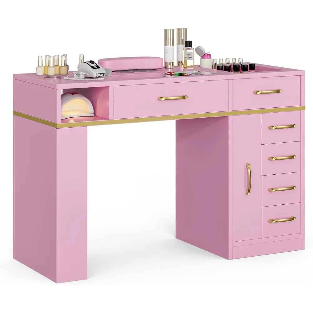 

Manicure Table with Dust Collector, Glass Top Nail Tech Table Nail Desk Station w/7 Storage Drawers & 3-Tiers Open Shelve
