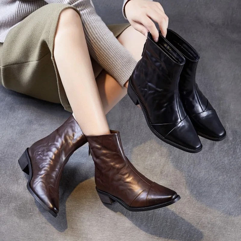 

2025 Autumn/winter Women Boots Genuine Leather Short Boots Women Shoes Pointed Toe Chunky Heel Chelsea Booties Retro Ankle Boots