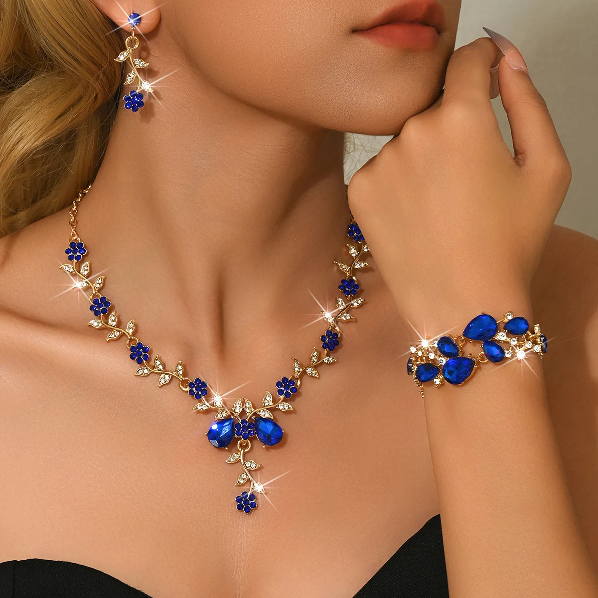 Vintage floral borla brincos pulseira conjunto gota de água strass colar para festa de casamento feminino uso diário