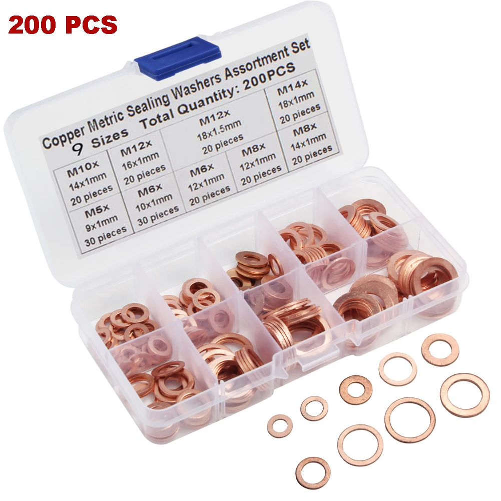 200pcs Anilhas De Cobre Anel Plana Sump Plug Vedação Do Óleo Junta Assorted Set Brand New & Alta qualidade