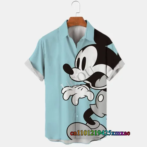 Imagen 2 del producto Verano Disney Mickey Mouse estampado de dibujos animados hombres Hawaii solapa camisa de manga corta Casual playa vacaciones moda Tops de gran tamaño