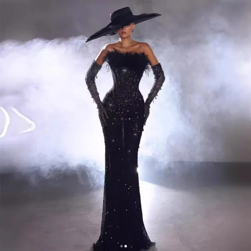 

New Arrival Fashionable Water Drop Rhinestone Gloves Feather Strapless Beaded Sequin Dress High-End Evening Stage Performanc