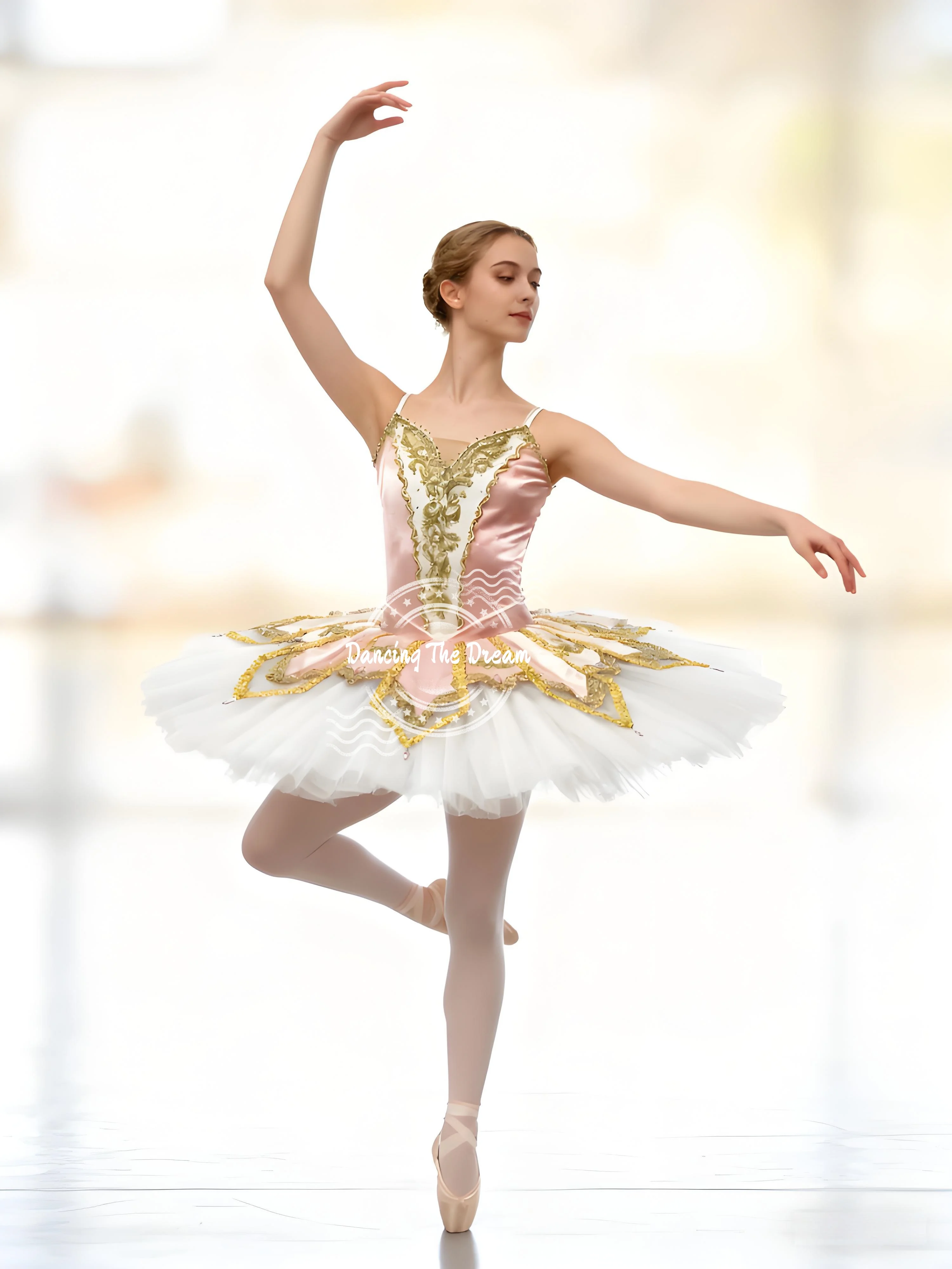 

Pink & Gold Floral - patterned Ballet Tutu Dress Fitted Bodice Pink Ballet Dress with Layered Gold - trimmed Tulle Skirt