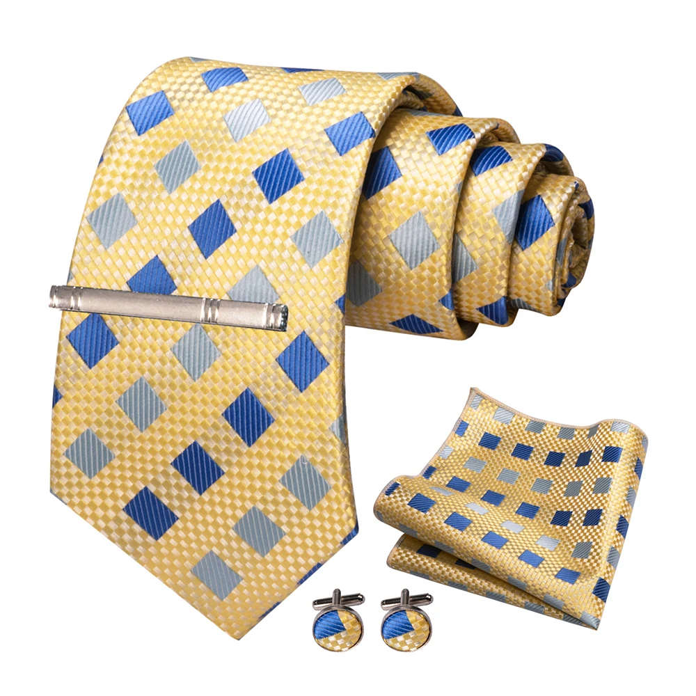 JEMYGINS Mode Männer Krawatte Luxus Gelb Gold Striped Plaid Seide Hochzeit Krawatte Für Männer Hanky Manschettenknopf Krawatte Set Bussiness Party geschenk – Detail 3