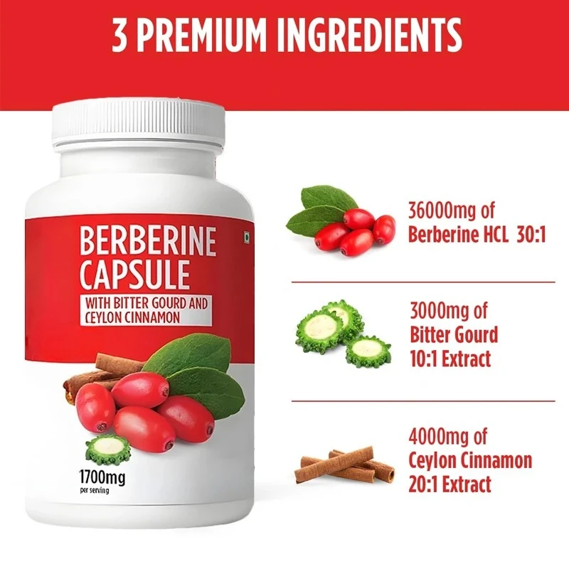 

Ceylon cinnamon, berberine hydrochloride bitter gourd 30:1 super extract, 60 berberine capsules, vegan, non GMO, and gluten free