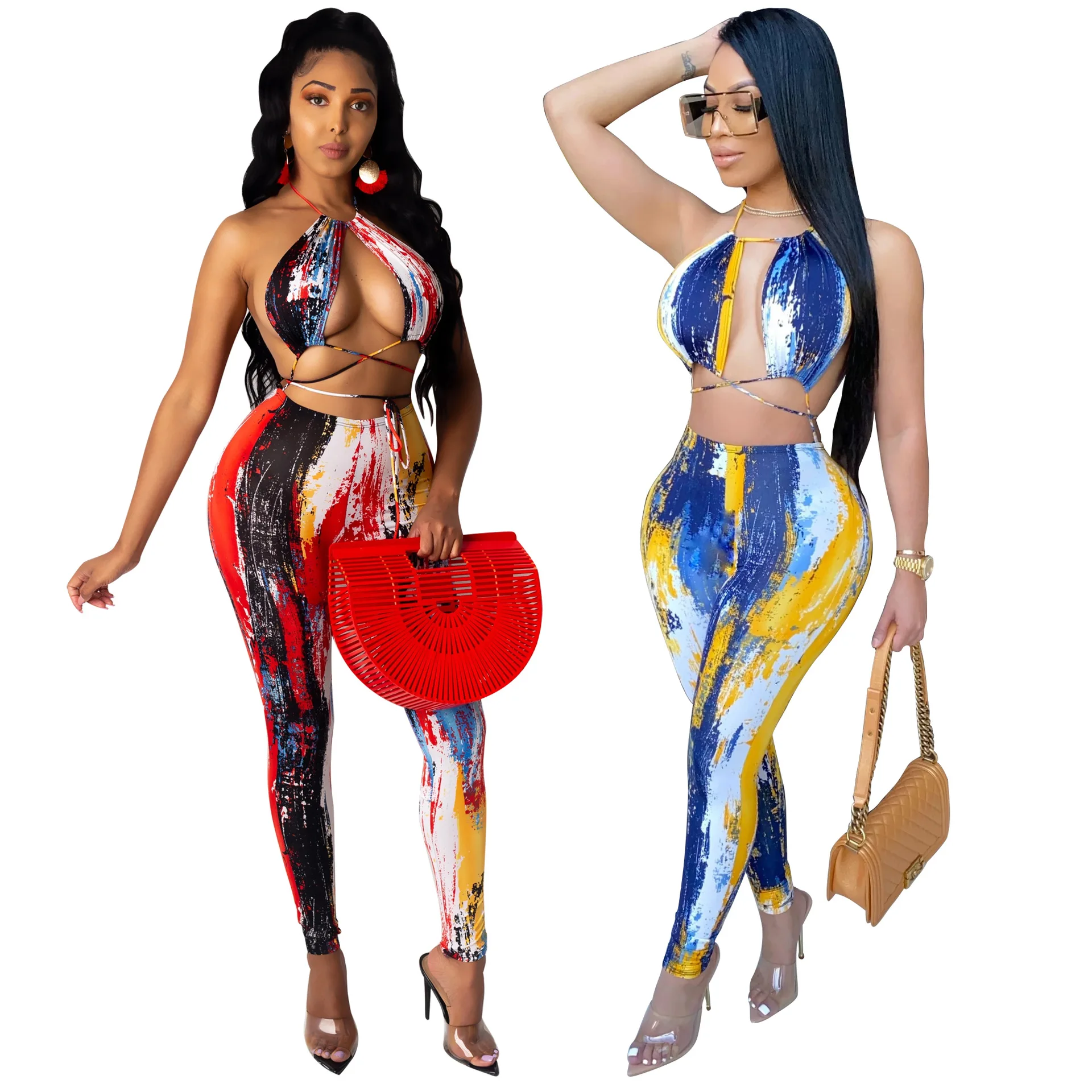 Nightclub Party Lady Pant Sets Tie Dye Sexy Wrap Chest Backless Hurdleneck Tops Suit Semme Skinny Pants Two Piece Set for Women