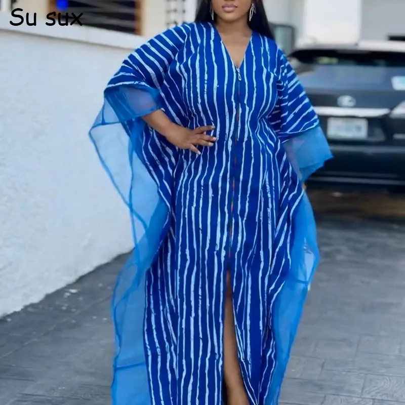Striped Mesh Patchwork African Dresses For Woman Plus Size V Neck Maxi Dress Africa Clothing Dubai Abyas Robe 2026 Spring