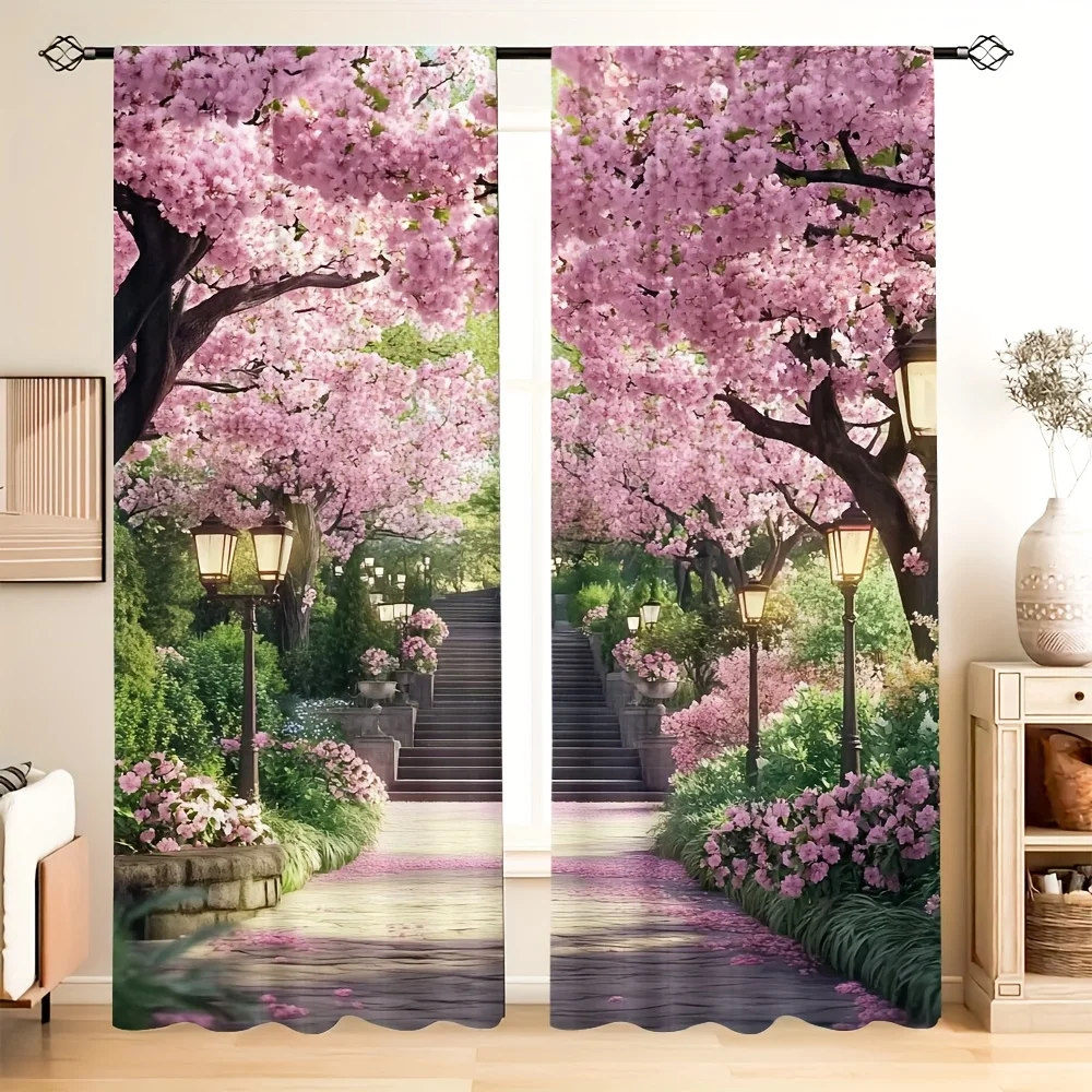 2pcs, charming Spring Cherry Blossom Trail, 100% Polyester, for Easy-to-hang rod pocket design, ideal for living rooms, bedrooms