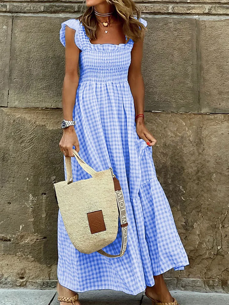 

Plaid Long Dress Women Boho Beach Dress Female Square Neck Sleeveless Elegant Maxi Dress Ladies Vintage Pleasted Summer Dress