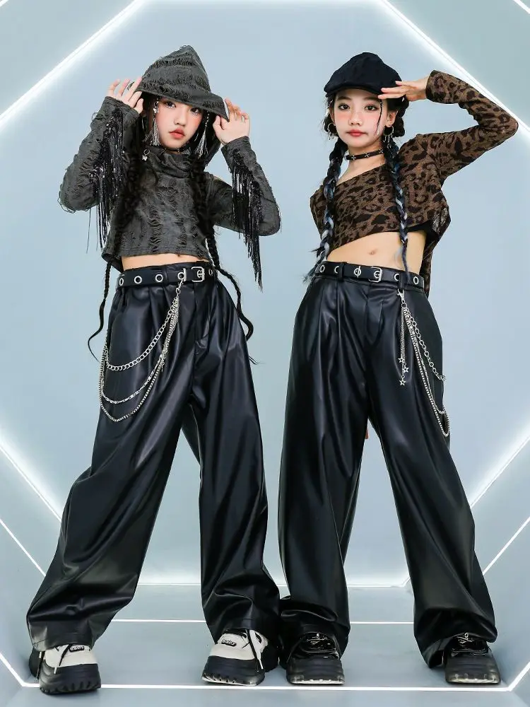 Meninas hip hop recortado rasgado fora do ombro leopardo hoodies calça de couro do plutônio crianças conjuntos de roupas de dança de rua crianças trajes k-pop