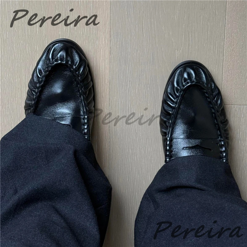 

Black Retro Pleated Loafers British Style Genuine Leather Pointed Toe Shallow Flat Shoes Daily Versatile Casual Business Shoes
