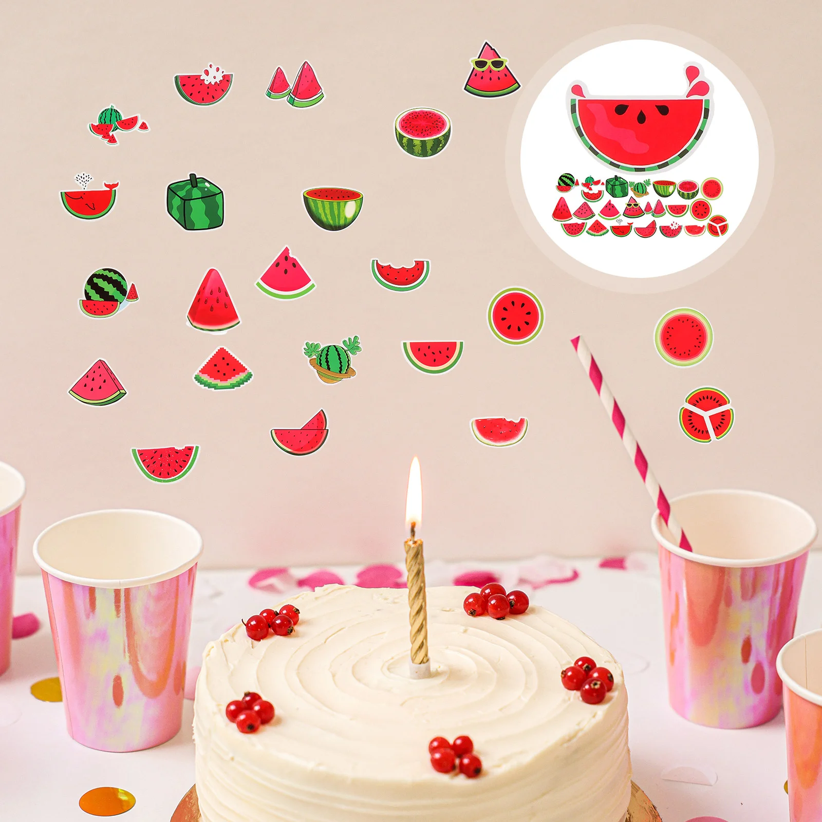 50 Pcs Watermelon Birthday Party Decoration Stickers Themed Decorations Adorable Decals Bottle Fruit for Gift Favors Cute