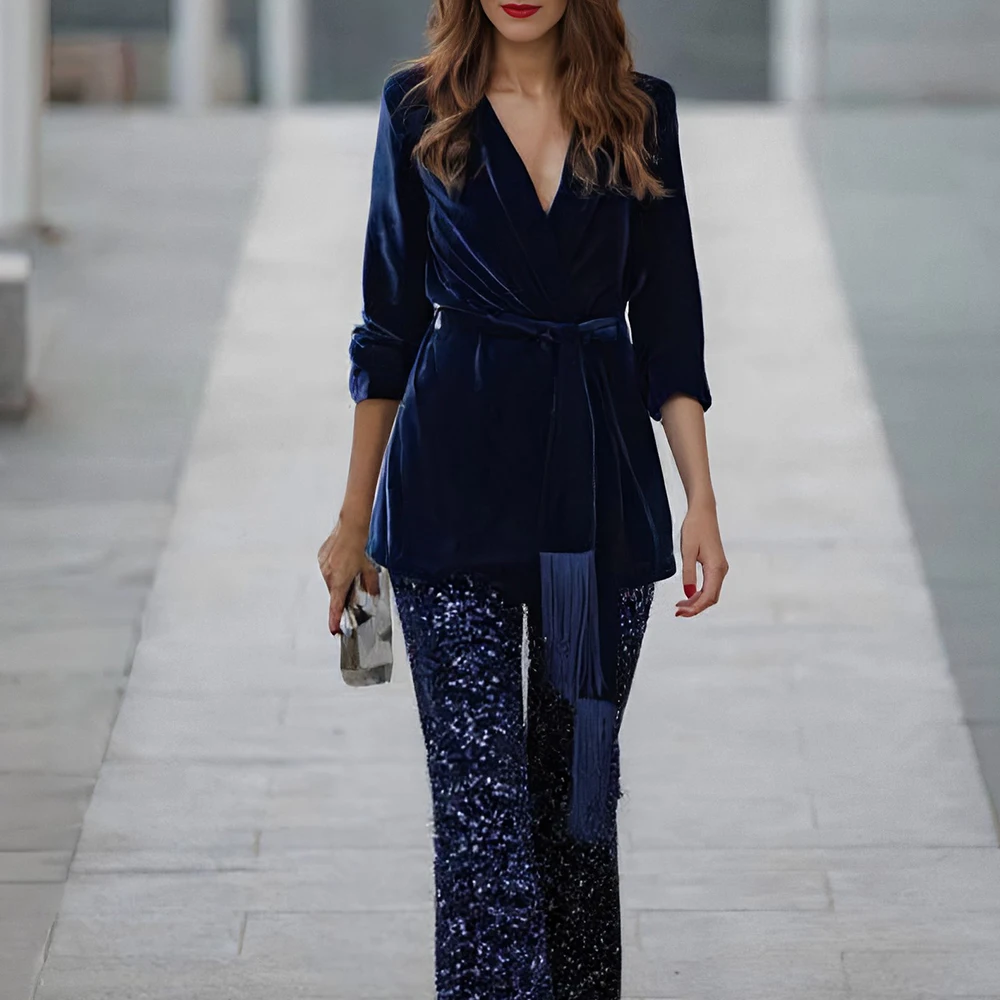 معطف نسائي ذهبي مخملي بشرابة كاجوال فضفاض مناسب للخريف والشتاء وطية صدر السترة برباط للحفلات ملابس خارجية على الطراز الأوروبي الأمريكي #1