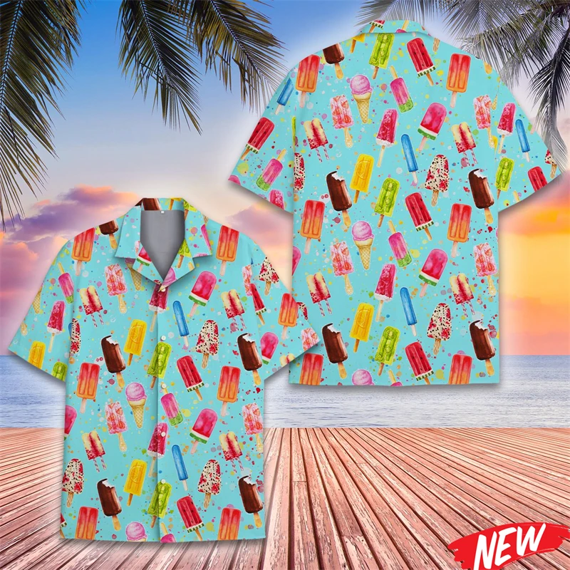 

Colorful Ice Cream Pattern Hawaiian Shirt Men Women Quick Dry Button Shirts Summer Street Short Sleeve Tops Loose Lapel Blouse