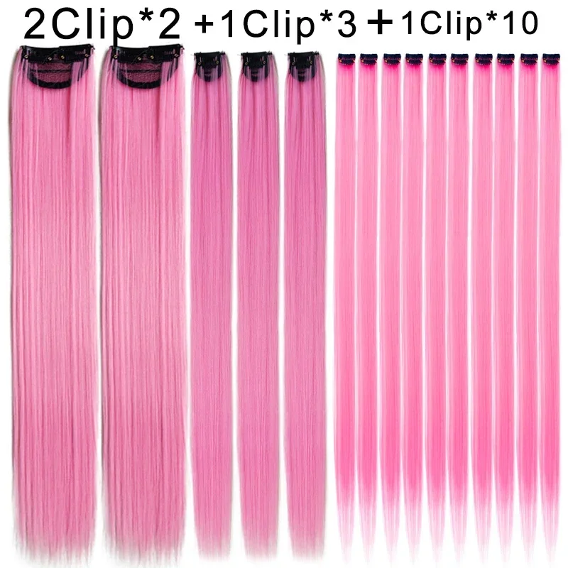 15PCS 22Inch Synthetic Long Straight Hair Clips Rainbow Hair Extension Colored Red Green Blue Hairpiece for Women