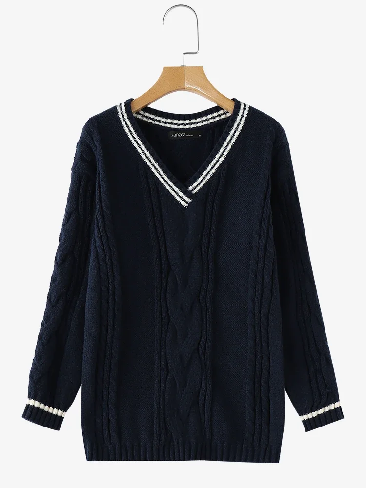 

ZANZEA Women Sweaters Winter Jumpers Autumn Stylish V Neck Long Sleeve Knitted Pullovers Oversize Fashion Patchwork Sweater 2025