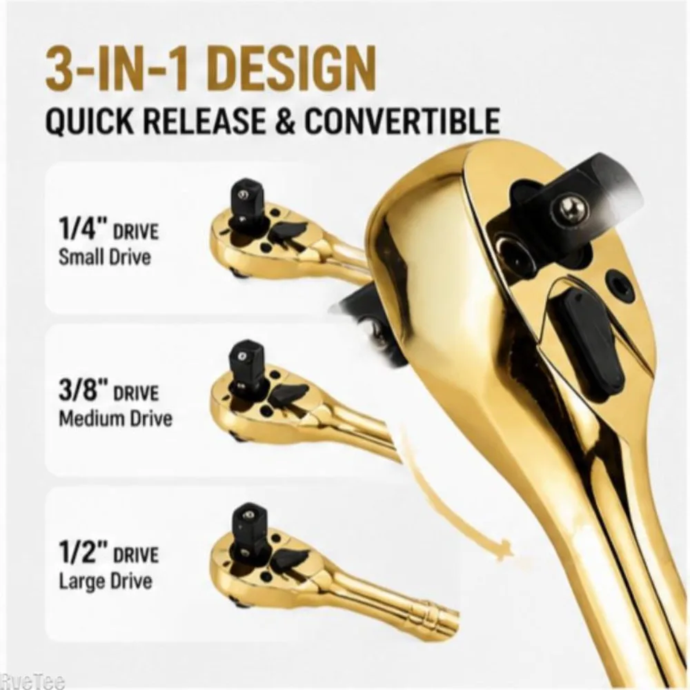 3 in 1 CR-V Steel Golden Heavy-duty Ratchet Wrench 1/4