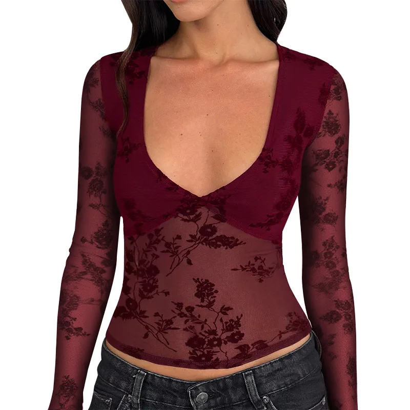 Sexy Slim Fit Long Sve V Ne Top Europäisches SLE Loose Fit Polyester Stoff Damen T-Shirt Thiened Herbstsaison