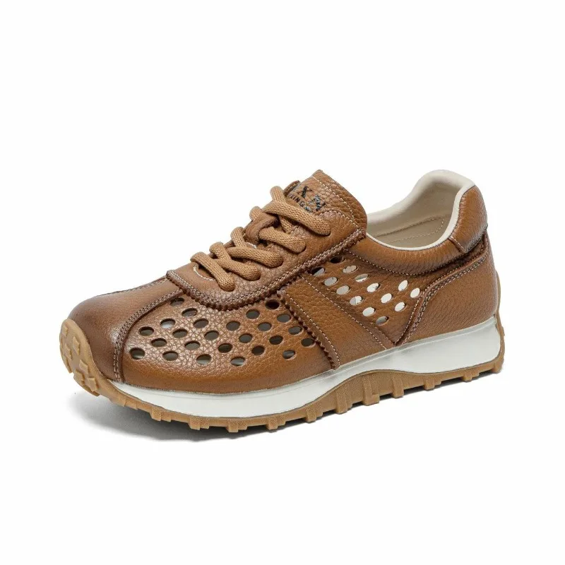 

2026 New Genuine Leather Paneled Mesh Breathable Sneakers Women Preppy Style Lace Up Designer Shoes Comfort Summer Sports Shoes