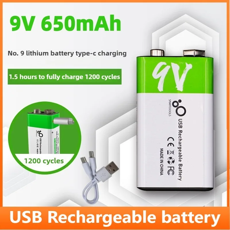 

9V Li-ion Battery Rechargeable Battery 6F22 650mAh for RC Helicopeter Model Multimeter Microphone +USB Type-C Charging Cable